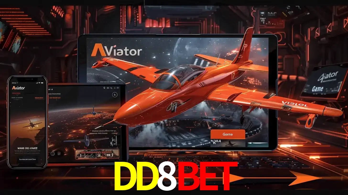 Apresentação tecnológica do jogo Aviator com um avião saindo da tela de um tablet, demonstrando a experiência imersiva em múltiplos dispositivos no DD8BET.