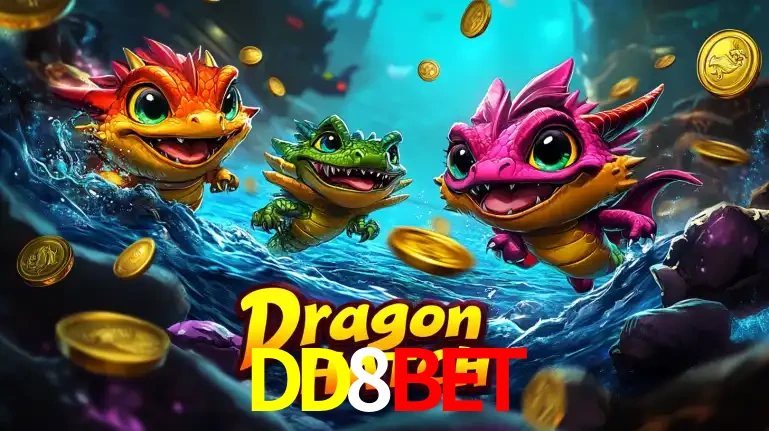 Arte promocional do jogo Dragon Hatch com três adoráveis dragões bebês nadando entre moedas de ouro, um dos slots mais divertidos para jogar no cassino DD8BET.