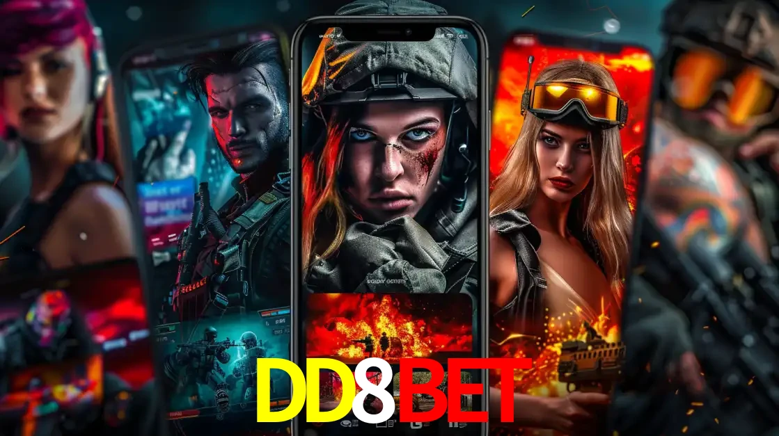 Montagem de telas de celular mostrando diversos personagens, masculinos e femininos, de um jogo de tiro, ilustrando a diversidade de equipes de e-sports para apostar no DD8BET.