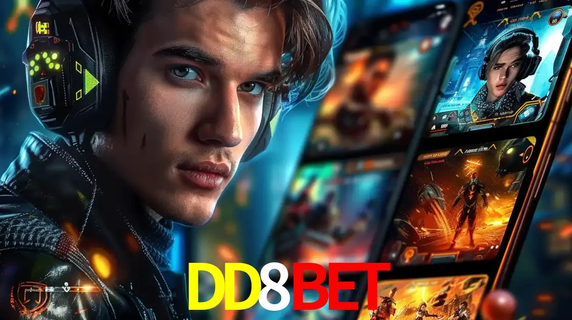 Jovem jogador com fones de ouvido olhando para a câmera, com um aplicativo de jogos e e-sports para celular ao fundo, pronto para a competição e apostas no DD8BET.