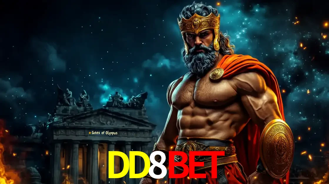 O poderoso Zeus do jogo de slot Gates of Olympus em frente ao seu templo, pronto para lançar multiplicadores divinos e prêmios épicos no cassino online DD8BET.