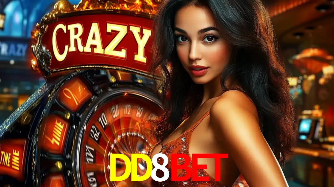 Mulher glamourosa olhando para a câmera com a roda vermelha do Crazy Time ao fundo em um ambiente de cassino, destacando a emoção dos jogos ao vivo no DD8BET.