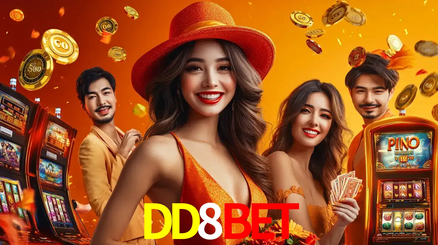 Grupo de amigos asiáticos sorrindo e se divertindo com máquinas de caça-níqueis em um ambiente festivo, celebrando suas vitórias nos jogos de cassino do DD8BET.