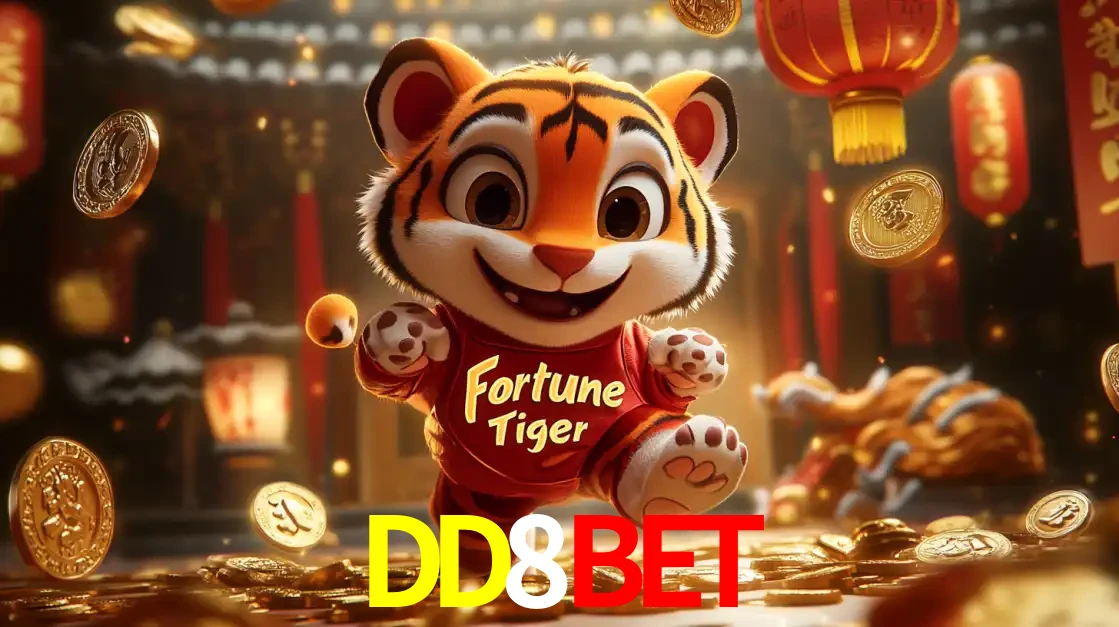 O alegre personagem do Fortune Tiger correndo sobre um caminho de moedas de ouro, simbolizando os grandes prêmios e a diversão do popular jogo de slot do DD8BET.