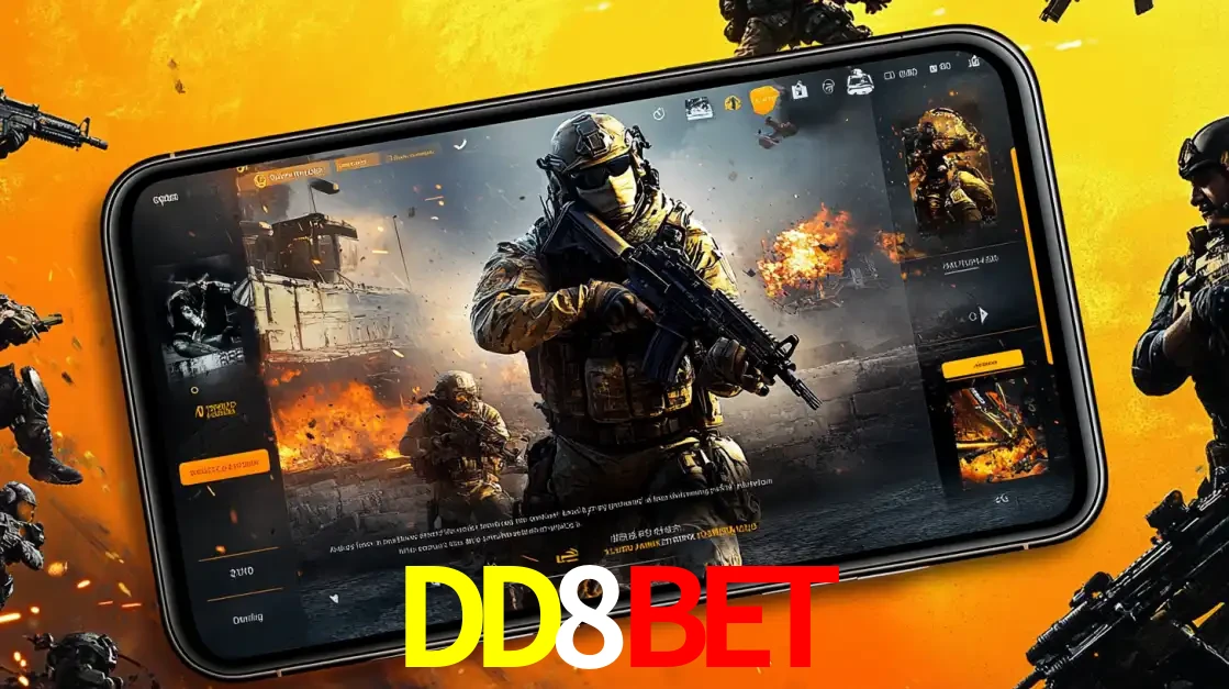 Um smartphone exibindo a interface de um jogo de tiro em primeira pessoa, com um soldado em um cenário de batalha, representando a ação dos e-sports para apostar no DD8BET.