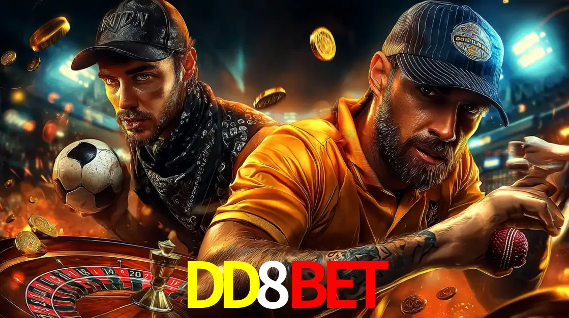 Montagem de apostas esportivas e cassino no DD8BET, com um homem segurando uma bola de futebol e outro uma de beisebol sobre uma roleta e moedas voadoras.