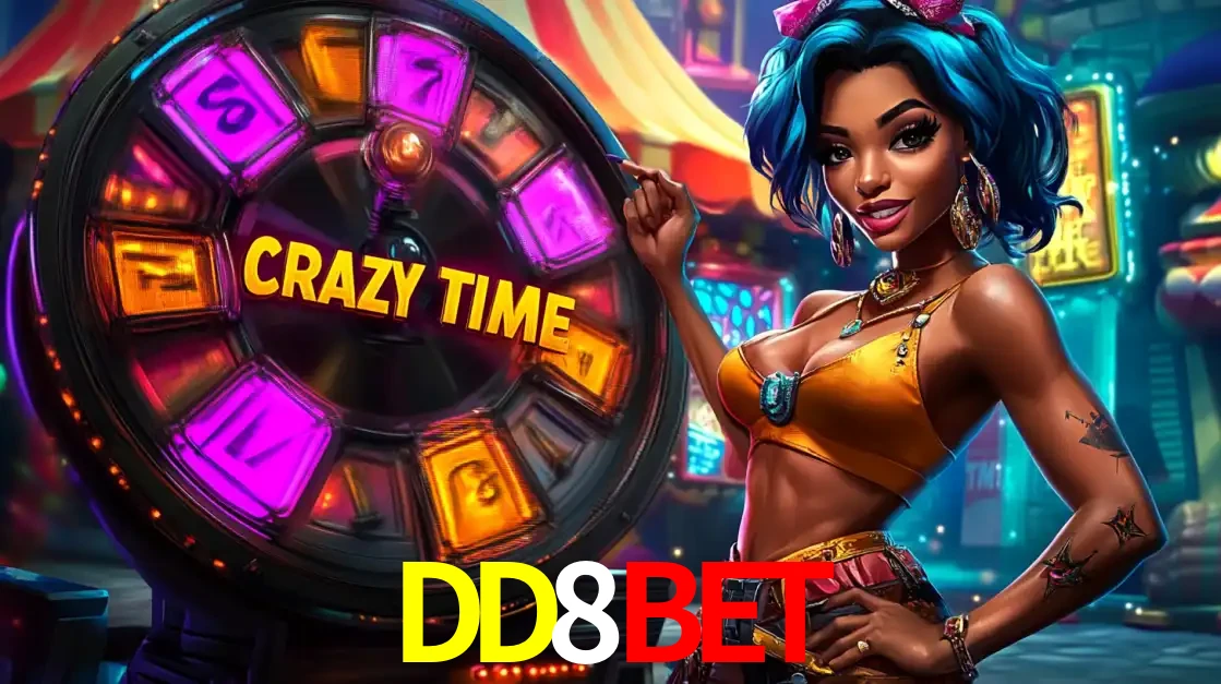 Mulher estilizada com cabelo azul e visual vibrante posando ao lado da roda de prêmios do game show Crazy Time, convidando para a diversão e os bônus do cassino DD8BET.