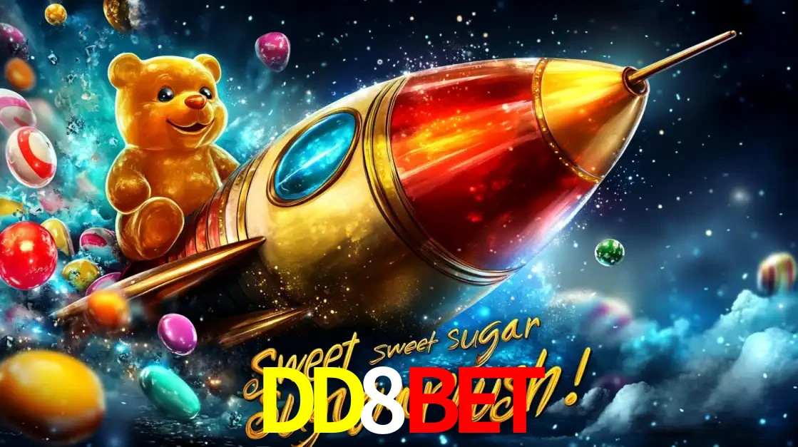 Arte promocional do jogo de slot Sugar Rush, com um urso de pelúcia em um foguete viajando pelo espaço de doces, um dos jogos divertidos disponíveis no cassino DD8BET.