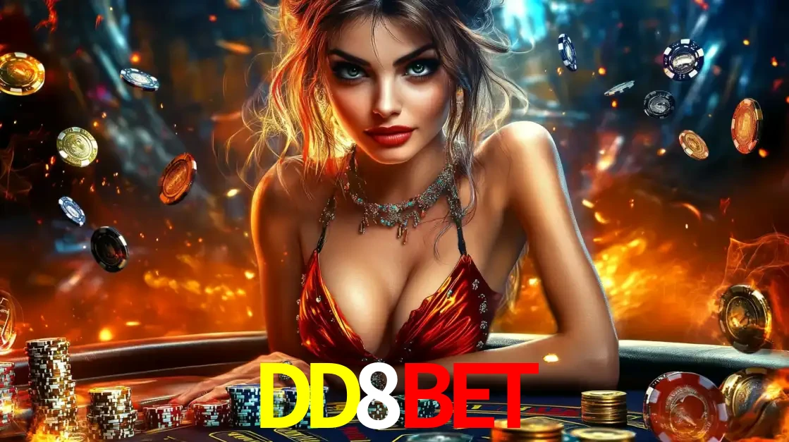 Mulher em uma mesa de cassino com pilhas de fichas e um fundo de fogo, pronta para uma rodada de altas apostas nos jogos de mesa emocionantes do cassino DD8BET.