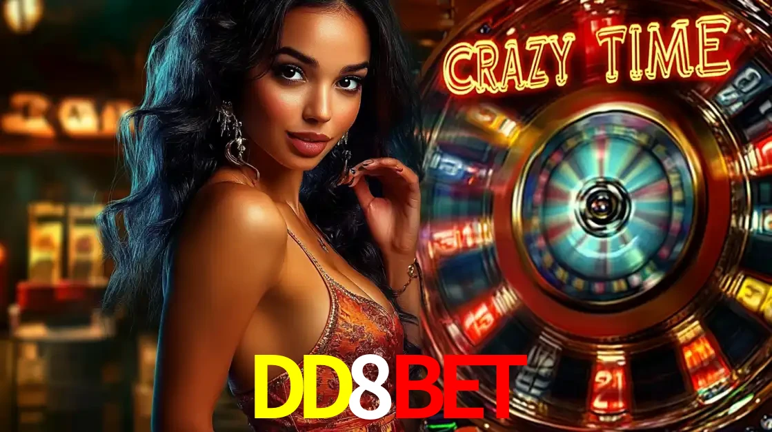 Mulher elegante ao lado da vibrante roda da fortuna do jogo de cassino ao vivo Crazy Time, um dos game shows mais populares e cheios de prêmios do DD8BET.