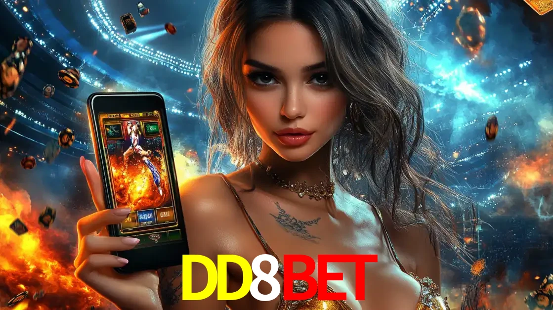 Mulher segurando um celular com um jogo de slot em destaque, tendo como fundo um estádio vibrante, simbolizando a emoção de jogar no cassino móvel DD8BET.