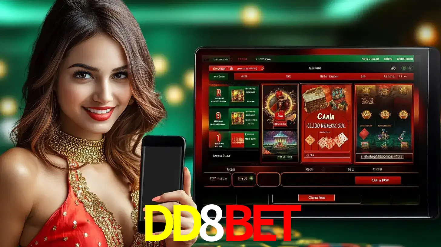 Mulher sorridente segurando um smartphone, ao lado de uma tela exibindo o lobby de jogos do cassino online DD8BET, com várias opções de jogos de cartas e slots.